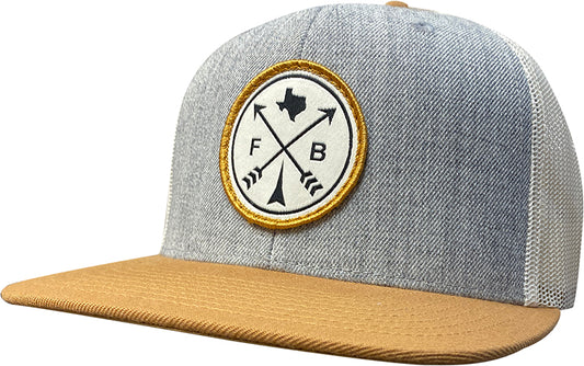 Cap #03RFO - Heather / Birch / Gold with Criss Cross FB Patch